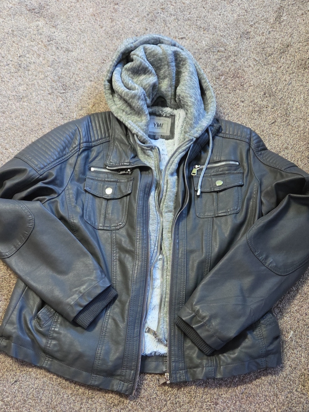 YMI Women's Gray Faux Leather Bomber Jacket with Removable Gray Knit Hood